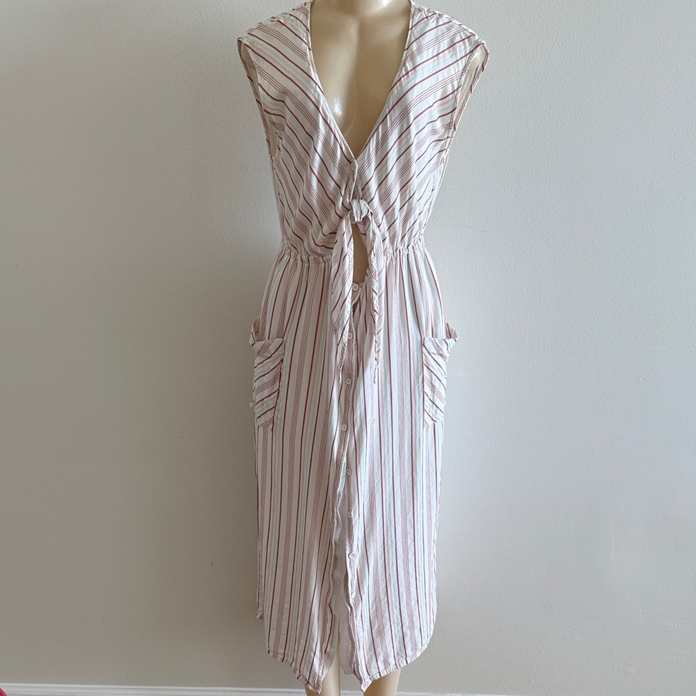 Tavik Red and White Boho Midi Striped Sleeveless Dress Tie Front Resort Beach L
